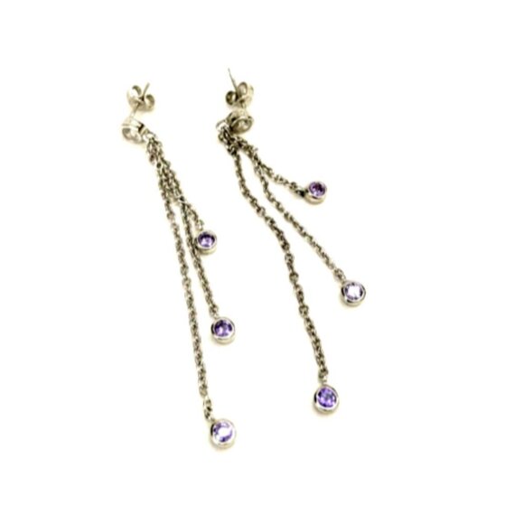 925 Sterling three strand Amethyst colored crystal and clear crystal earrings - Picture 1 of 3